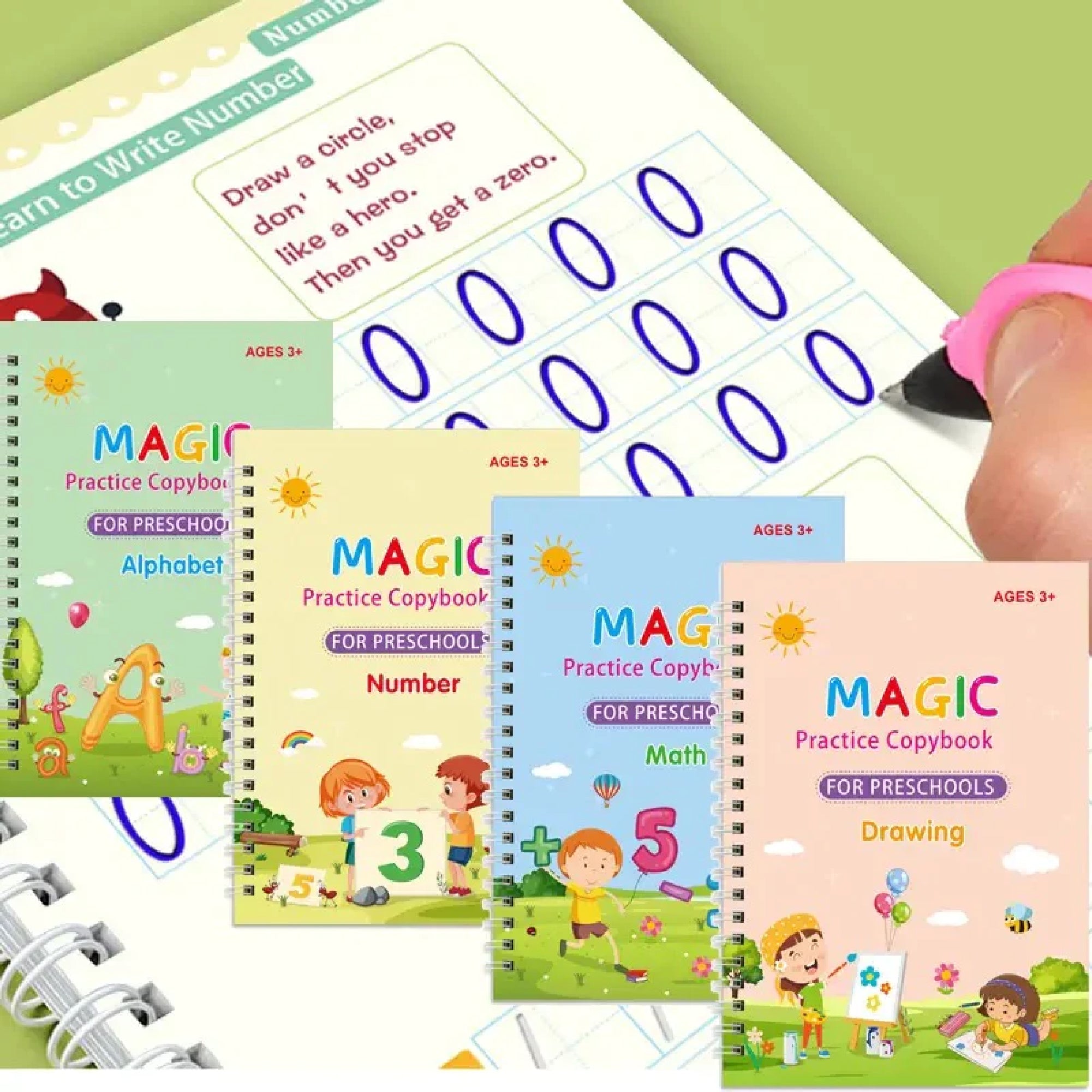4 in 1 Sank Magic Book | Reusable Magic Practice Copy Book | 4 books + 1 Pen + 10 Refills +1 Grip