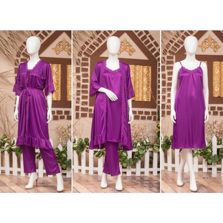 3-Piece Silk Nightwear Set for Women – Comfortable Nighty Set (Gown + Inner + Trouser) | Free Size Elegant Sleepwear | SKU-R001 | Black