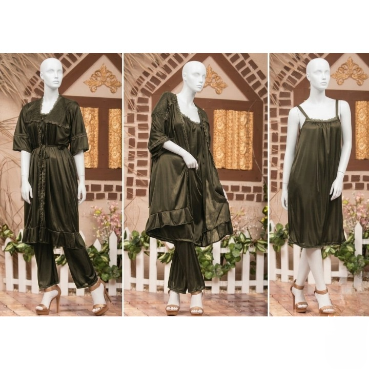 3-Piece Silk Nightwear Set for Women – Comfortable Nighty Set (Gown + Inner + Trouser) | Free Size Elegant Sleepwear | SKU-R001 | Black
