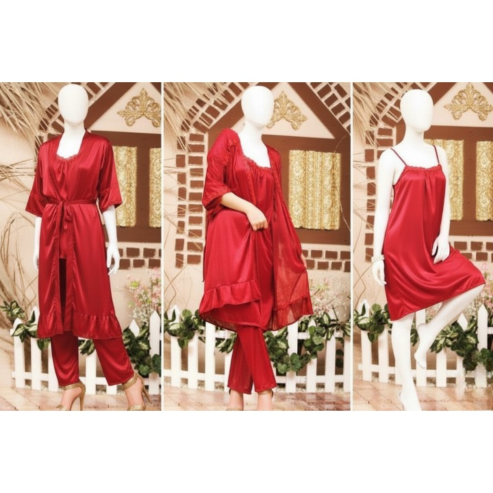 3-Piece Silk Nightwear Set for Women – Comfortable Nighty Set (Gown + Inner + Trouser) | Free Size Elegant Sleepwear | SKU-R001 | Black