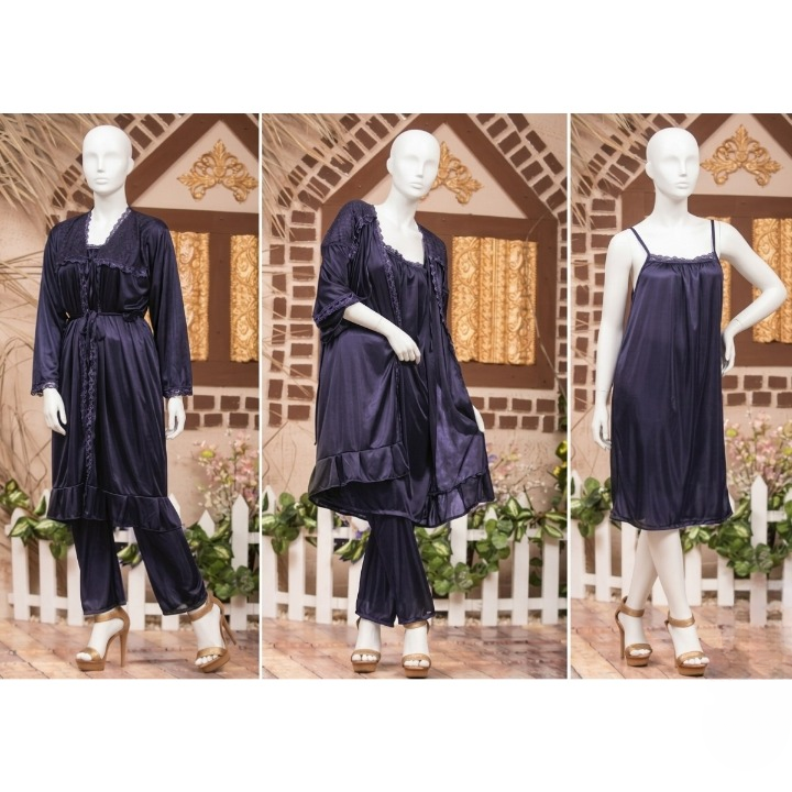 3-Piece Silk Nightwear Set for Women – Comfortable Nighty Set (Gown + Inner + Trouser) | Free Size Elegant Sleepwear | SKU-R001 | Black