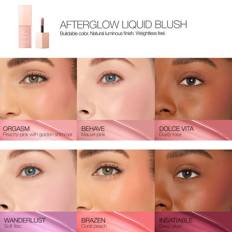 Brazen | NARS Afterglow Liquid Blush 7ml Buildable Hydrating Blush with Sodium Hyaluronate and Vegan Protein