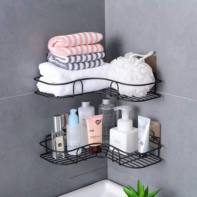 Wall Corner Rack with 2 Self-Adhesive Screws | Stainless Steel Bathroom & Kitchen Storage Shelf