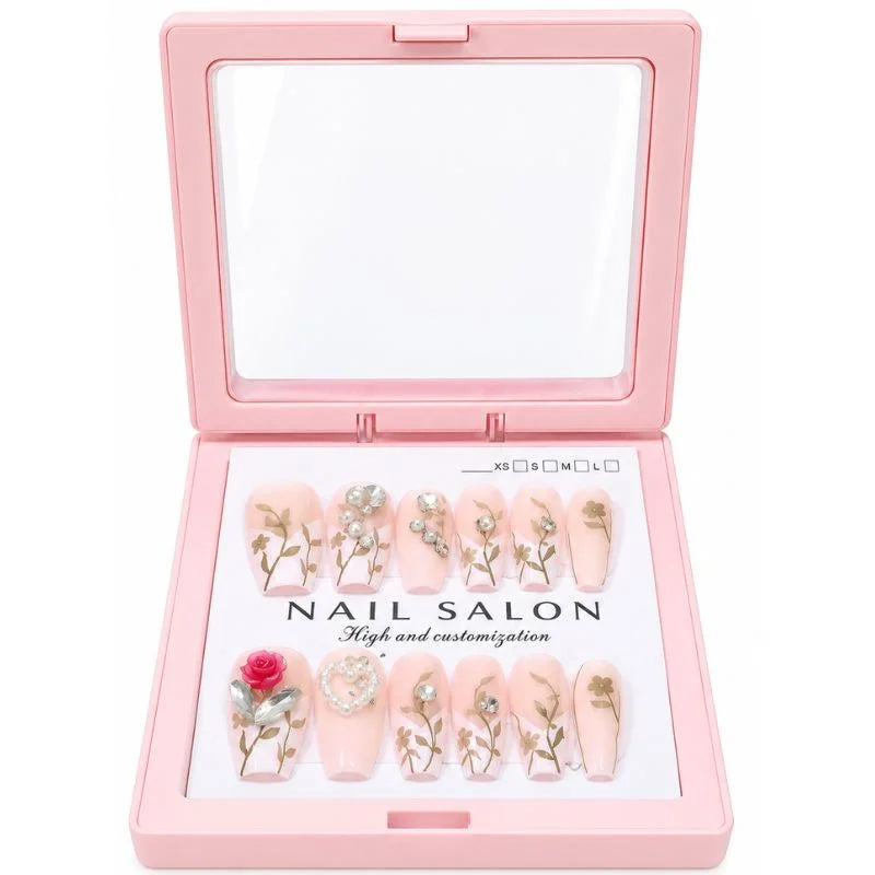 12 Pcs Press On Nails Set With Floral Design & Rhinestone Decoration | Reusable False Nails With Nail Prep Kit