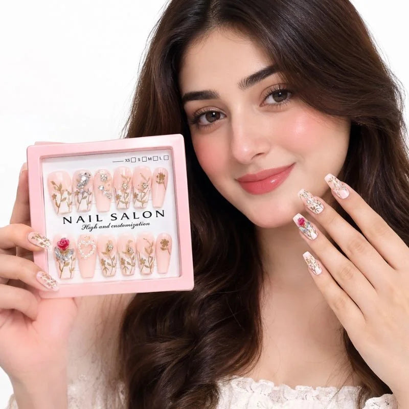 12 Pcs Press On Nails Set With Floral Design & Rhinestone Decoration | Reusable False Nails With Nail Prep Kit